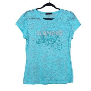 Seven7 Womens Burnout Tee Size L Blue Sheer Short Sleeve Embellished Top